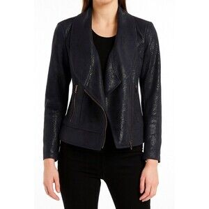 V Cristina Navy Blue Faux Leather Moto Jacket Snakeskin Print Size L Biker